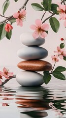 Balanced stones stacked on top, with peach blossoms and green leaves