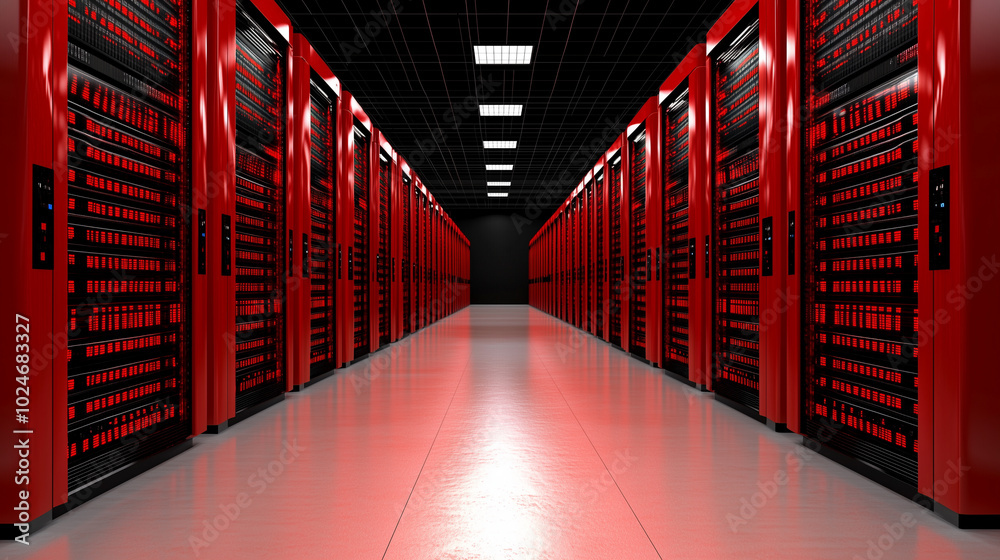 Poster modern data center featuring rows of red server racks, creating striking visual effect. symmetrical layout and vibrant colors evoke sense of advanced technology and efficiency