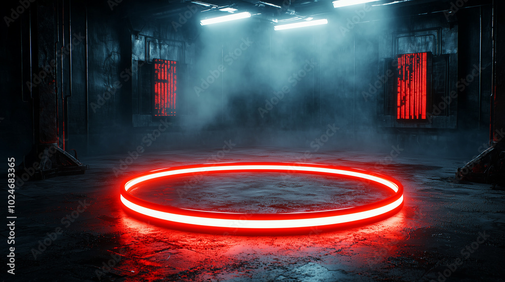 Poster glowing red circular light illuminates dark, industrial space filled with mist, creating mysterious 