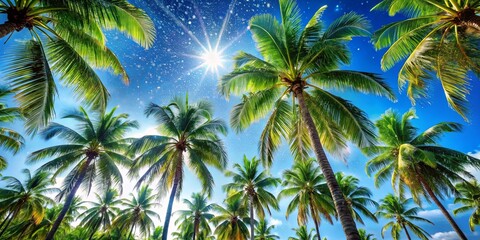 A vibrant canopy of palm trees reaches towards a brilliant blue sky adorned with shimmering sunlight and fluffy clouds, capturing the essence of a tropical paradise.