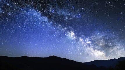 Fototapeta premium Panoramic blue night sky with milky way and stars on dark background. Fill the universe, nebulae and galaxies with noise and particles. Dark night sky.