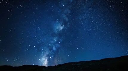 Obraz premium Panoramic blue night sky with milky way and stars on dark background. Fill the universe, nebulae and galaxies with noise and particles. Dark night sky.