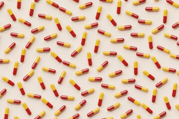 Many red and yellow pills on peach puff background. Top flat view, disorder. 3d render, illustration