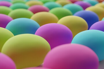 Many colorful eggs on pink background. Closeup view, macro shot, selective focusclose up shot. 3d render, illustration