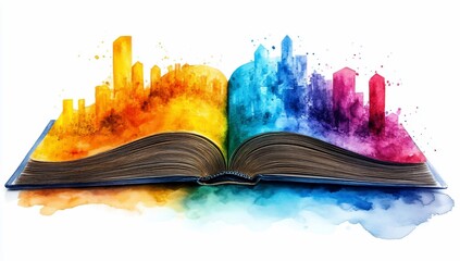 An open book with vibrant cityscapes emerging from its pages, symbolizing imagination and creativity.