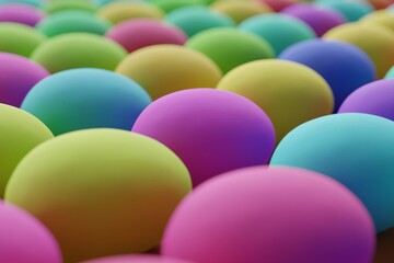Many colorful eggs on saddle brown background. Closeup view, macro shot, selective focusclose up shot. 3d render, illustration
