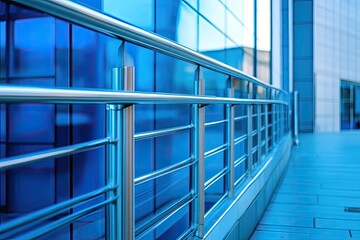 Fototapeta premium Stainless steel railing along modern building. Use this image for concepts of safety, security, and urban architecture.