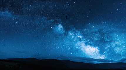 Fototapeta premium Panoramic blue night sky with milky way and stars on dark background. Fill the universe, nebulae and galaxies with noise and particles. Dark night sky.