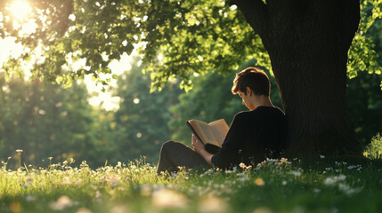 Fototapeta na wymiar A man is sitting under a tree reading a book. The scene is peaceful and relaxing, with the man enjoying the outdoors and the shade of the tree