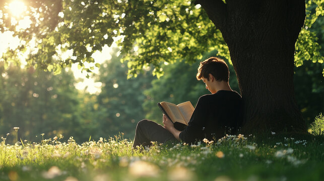A man is sitting under a tree reading a book. The scene is peaceful and relaxing, with the man enjoying the outdoors and the shade of the tree