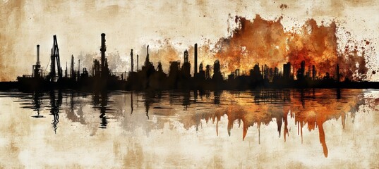 Obraz premium Industrial Apocalypse Silhouette of a burning city skyline reflected in polluted water 19