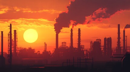 Fototapeta premium A city skyline with a large sun in the background. The sun is setting and the sky is orange. The city is full of factories and smoke