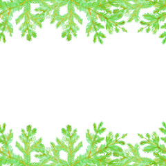 Green spruce branches and Christmas balls. Christmas tree. Square Christmas greeting card. Watercolor hand-drawn art. Artistic illustration on white background.