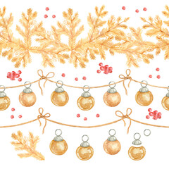 Fototapeta premium Golden spruce branches. Blue, red and gold Christmas balls. Red rowan berries. Christmas seamless border. Watercolor hand-drawn pattern set. Illustration on white background.
