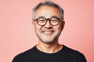 Obraz premium Middle-aged Japanese man with glasses, smiling warmly, radiating calm and friendliness, set against a light pink background, showing a balanced and open personality.