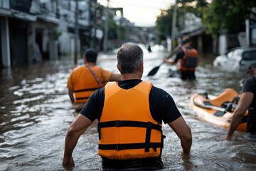 Rescue workers in bright orange life vests navigate through a flooded street, showcasing their determination and resilience in disaster response and recovery efforts.