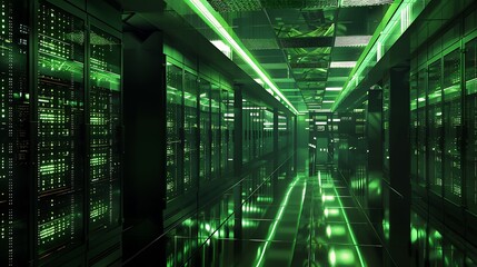A futuristic server room with reflective floors doubling the visual impact of server racks and ambient lighting showcasing advanced technology and data management