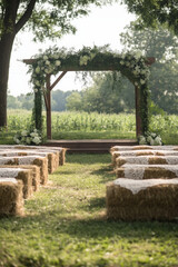 Idyllic outdoor ceremony, with a wooden altar draped in greenery, surrounded by neatly arranged hay bale seats, covered with burlap and lace, in the middle of a peaceful, open field.