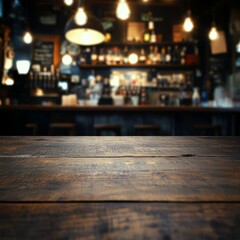 Empty Wooden Table in Front of Blurred Bar Background, Countertop Space for Product Display.