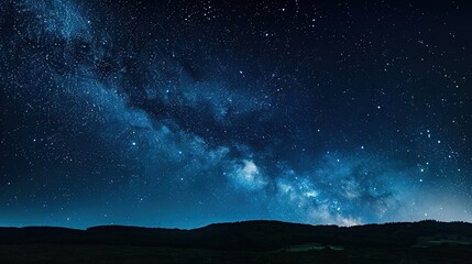 Panoramic blue night sky with milky way and stars on dark background. Fill the universe, nebulae and galaxies with noise and particles. Dark night sky.