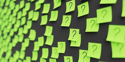 Many green stickers on black board background with question mark symbol drawn on them. Closeup view with narrow depth of field and selective focus. 3d render, Illustration