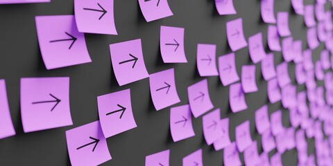 Many violet stickers on black board background with arrow pointing right symbol drawn on them. Closeup view with narrow depth of field and selective focus. 3d render, Illustration