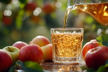 Refreshing Apple Juice Pouring into a Glass with Fresh Apples, Close Up on Sunny Orchard Background.