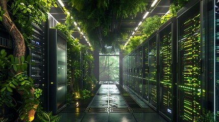 A green technology hub with a server room filled with plants and eco friendly cooling systems emphasizing the importance of sustainability in the digital age