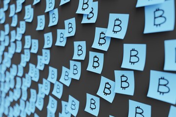 Many blue stickers on black board background with bitcoin symbol drawn on them. Closeup view with narrow depth of field and selective focus. 3d render, Illustration