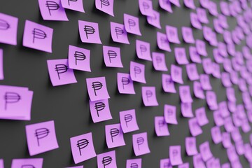 Many violet stickers on black board background with symbol of Philippines peso drawn on them. Closeup view with narrow depth of field and selective focus. 3d render, illustration