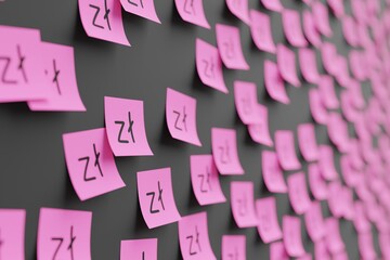 Many pink stickers on black board background with symbol of Poland zloty drawn on them. Closeup view with narrow depth of field and selective focus. 3d render, illustration