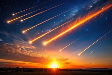 Streaking fireballs against sunset sky