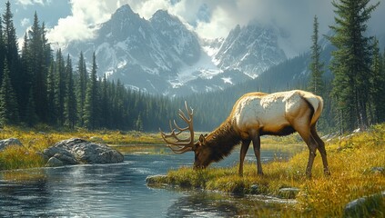 A majestic elk grazes by a serene river with mountains in the background.