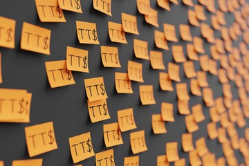 Many orange stickers on black board background with symbol of Trinidad and Tobago dollar drawn on them. Closeup view with narrow depth of field and selective focus. 3d render, illustration