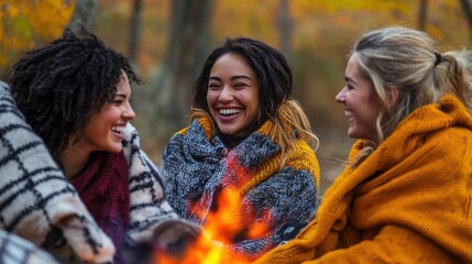 Fototapeta premium A group of friends laughing and sharing stories around a bonfire on a cool autumn night, wrapped in blankets