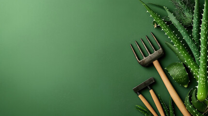 Top view of gardening tools and various green succulents on a vibrant green background, featuring aloe vera and small rakes with wooden handles.