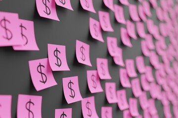 Many pink stickers on black board background with symbol of Hong Kong dollar drawn on them. Closeup view with narrow depth of field and selective focus. 3d render, illustration