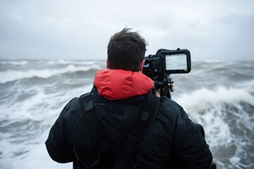 A dedicated cameraman films turbulent sea waves under dark, cloudy skies, capturing the raw power and majesty of nature in its untamed form through the lens.