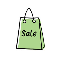 Shopping bag, package with the inscription sale. Hand drawn outline color clip art in doodle flat style isolated. Element for advertising, discounts, discounted purchases, and goods.