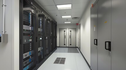 An advanced server room emphasizing high-security features like biometric access and extensive surveillance systems creating a secure environment for sensitive data management