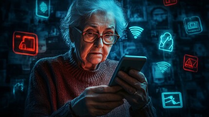 Elderly woman using mobile phone with many warning signs. Scam and fraud concept.