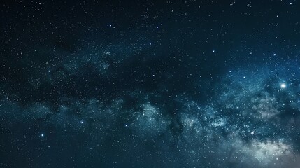 Fototapeta premium Panoramic blue night sky with milky way and stars on dark background. Fill the universe, nebulae and galaxies with noise and particles. Dark night sky.