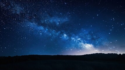 Naklejka premium Panoramic blue night sky with milky way and stars on dark background. Fill the universe, nebulae and galaxies with noise and particles. Dark night sky.