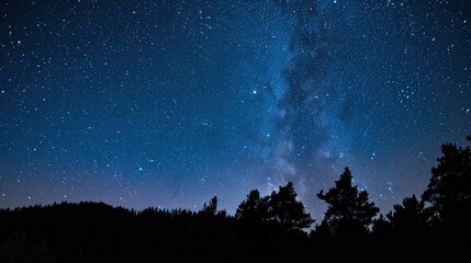 Panoramic blue night sky with milky way and stars on dark background. Fill the universe, nebulae and galaxies with noise and particles. Dark night sky.