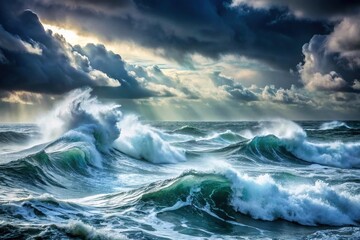 Fototapeta premium Strong storm at sea waves breaking and splashing in the open ocean with selective focus close-up