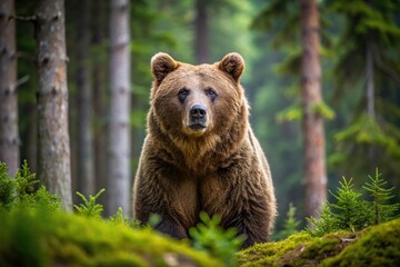 Fototapeta premium Strong majestic powerful impressive brown bear hunting in dense wild forest habitat, seen from a low angle view