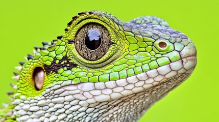 Fototapeta premium Close-Up Portrait, Vibrant Green Lizard with Striking Eyes against a Green Background.