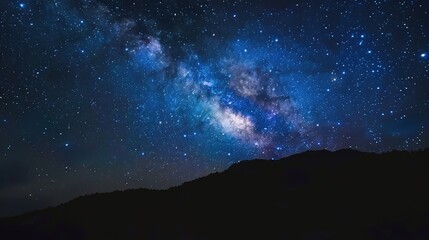 Panoramic blue night sky with milky way and stars on dark background. Fill the universe, nebulae and galaxies with noise and particles. Dark night sky.