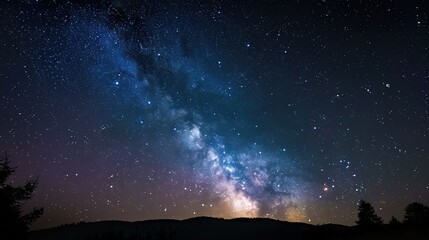 Fototapeta premium Panoramic blue night sky with milky way and stars on dark background. Fill the universe, nebulae and galaxies with noise and particles. Dark night sky.
