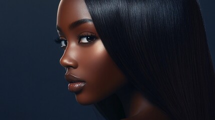 Fototapeta premium Closeup portrait of beautiful African American girl with perfect skin and long black hair. Copy space.